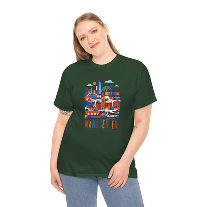 Forest green Manchester skyline T-shirt with colorful city graphic on the chest