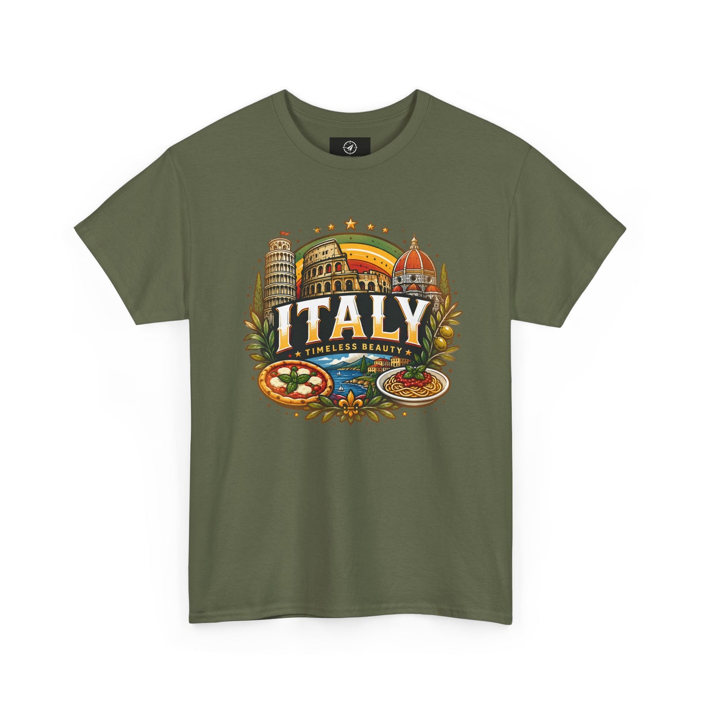 Olive green short-sleeve t-shirt with colorful Italy landmark front graphic