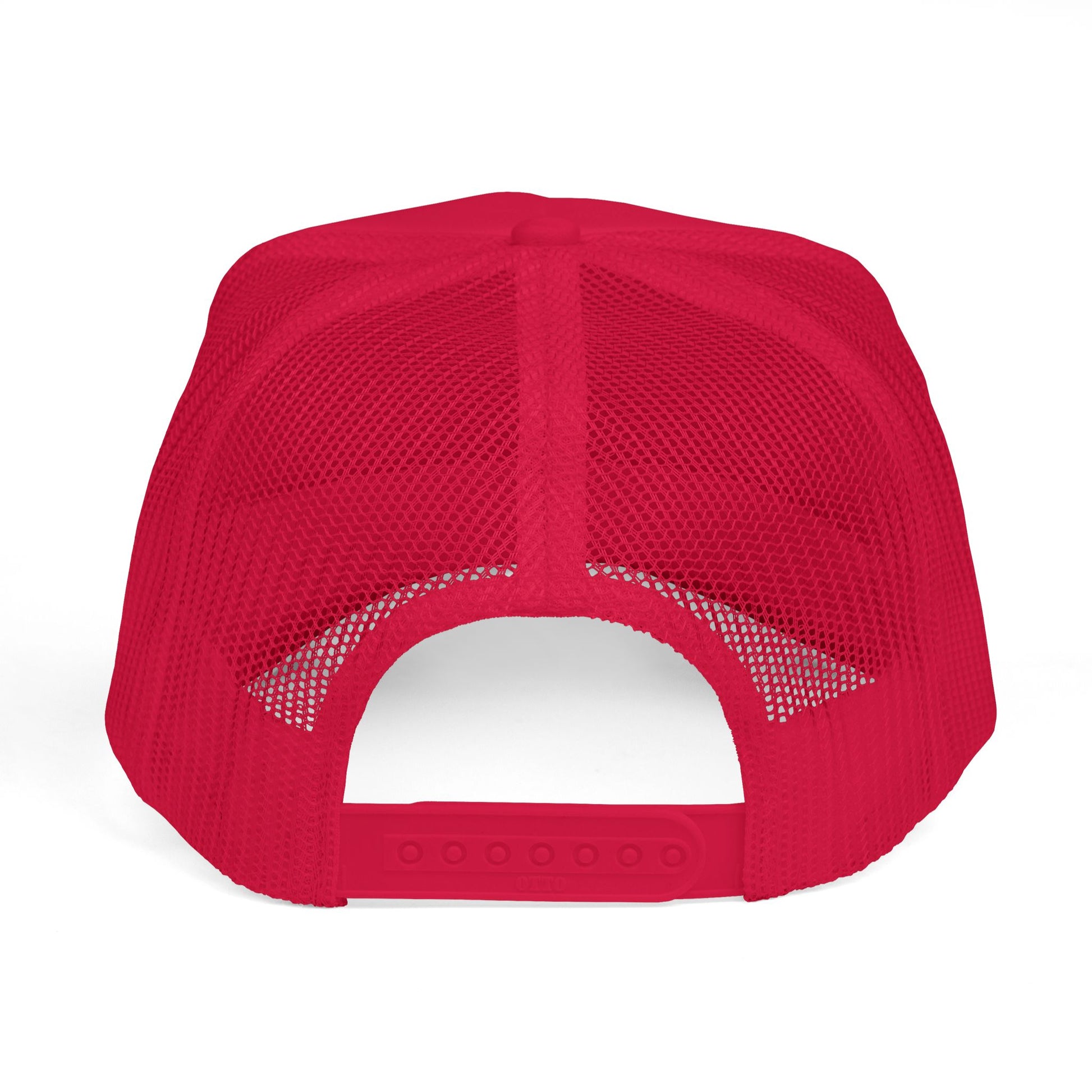 Red mesh trucker hat with white dotted logo outline on the front panel