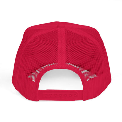 Red mesh trucker hat with white dotted logo outline on the front panel