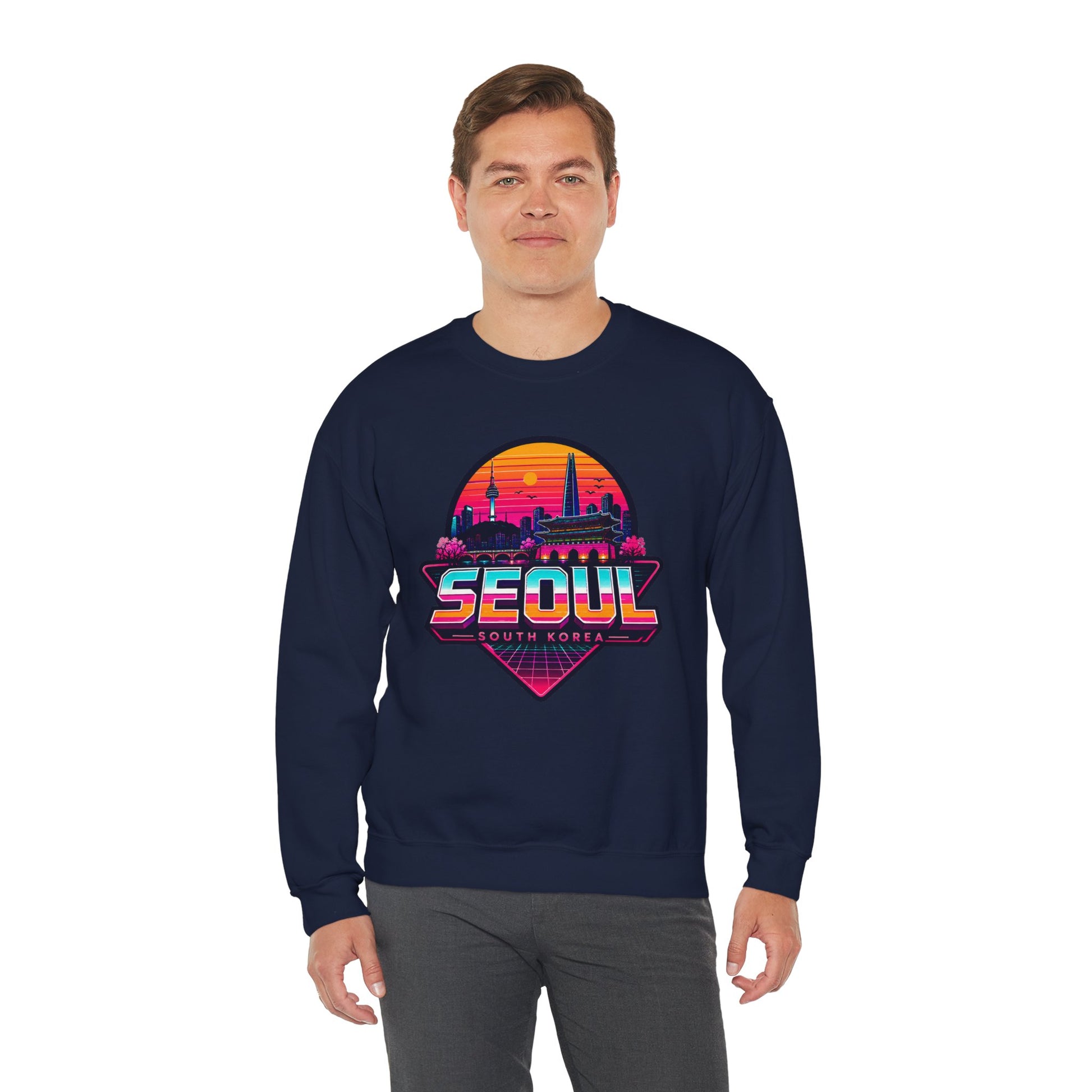 Navy crewneck sweatshirt with Seoul cityscape chest graphic