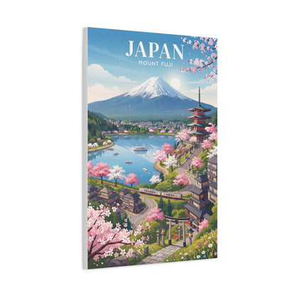 Square canvas print featuring Mount Fuji, lake, and pagoda with pink cherry blossoms.