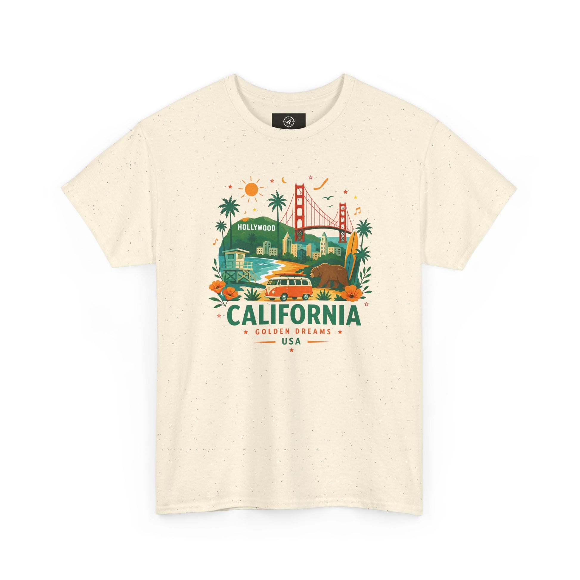 Natural beige crewneck T-shirt with colorful California skyline graphic print