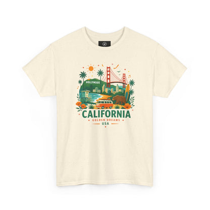 Natural beige crewneck T-shirt with colorful California skyline graphic print