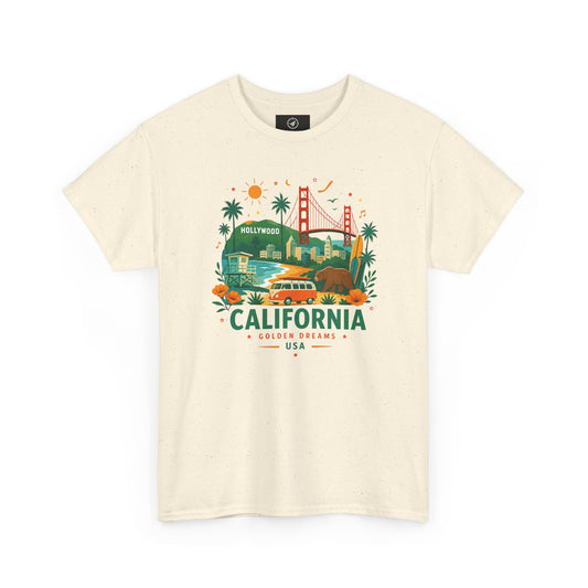 Natural beige crewneck T-shirt with colorful California skyline graphic print