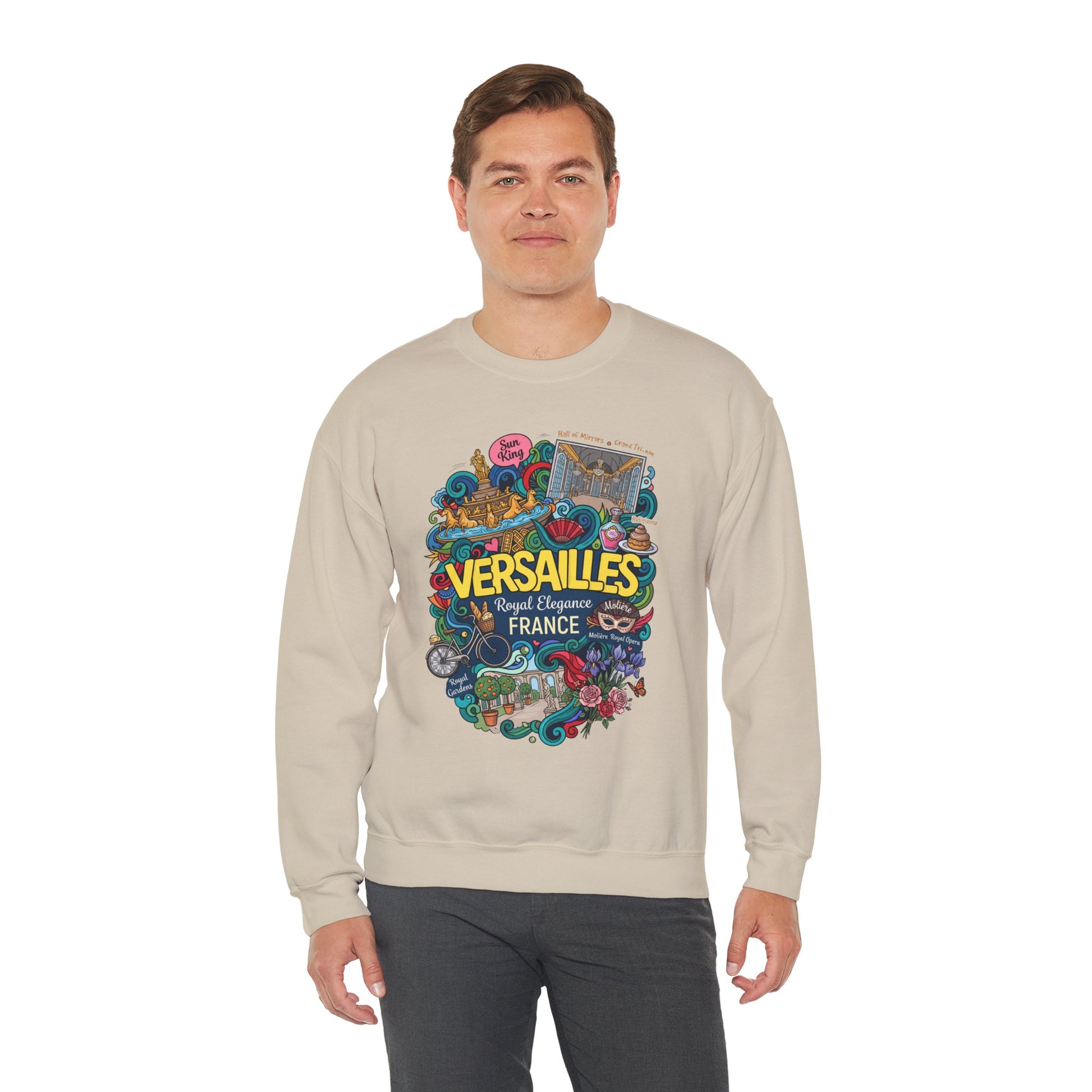 Light beige crewneck sweatshirt with colorful France graphic print on the front
