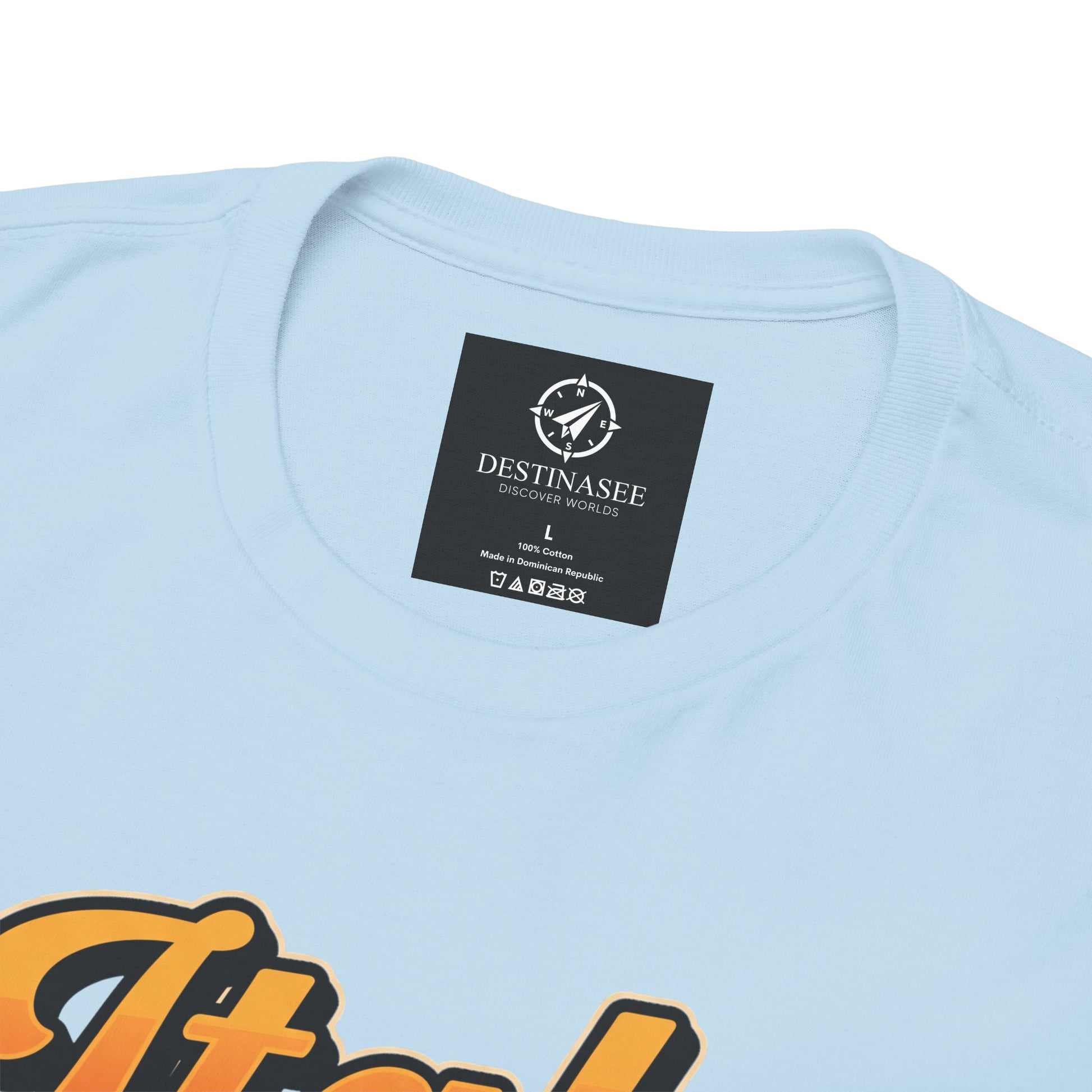 Light blue T-shirt close-up of back neck label and partial front graphic