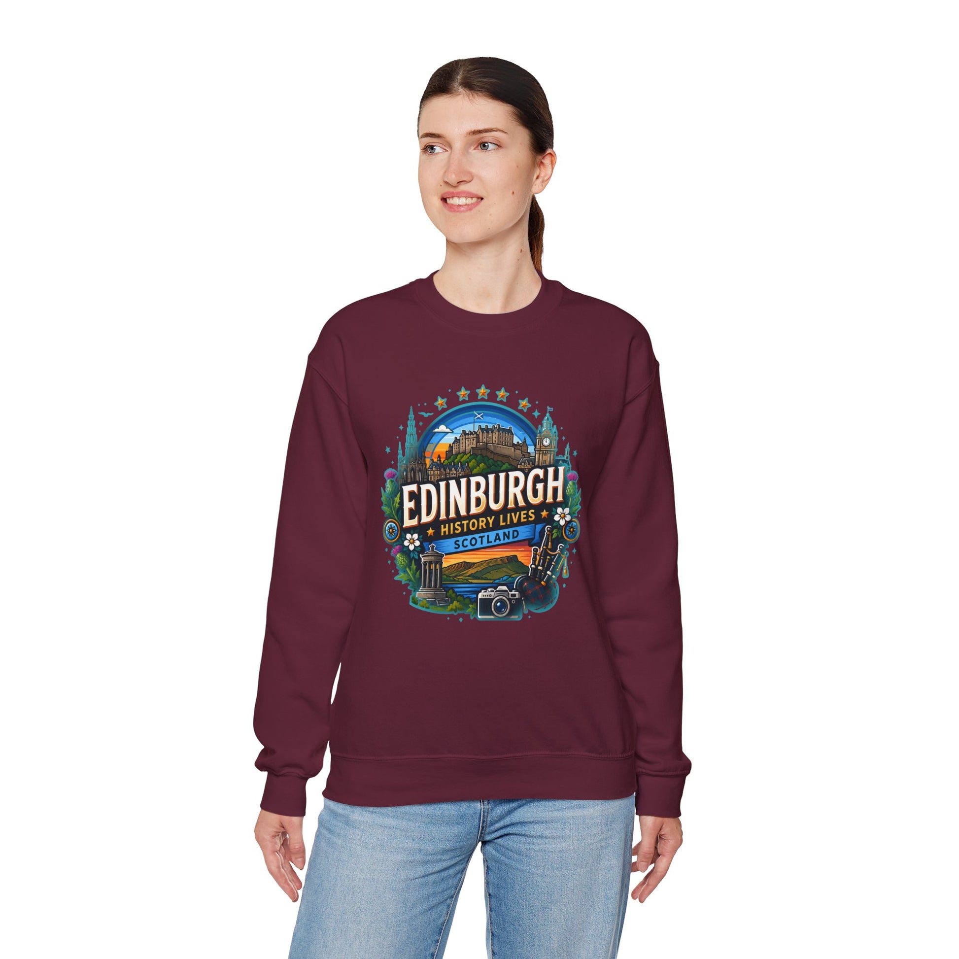 Maroon crewneck sweatshirt with Edinburgh graphic print, front view on model
