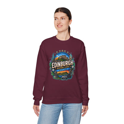 Maroon crewneck sweatshirt with Edinburgh graphic print, front view on model