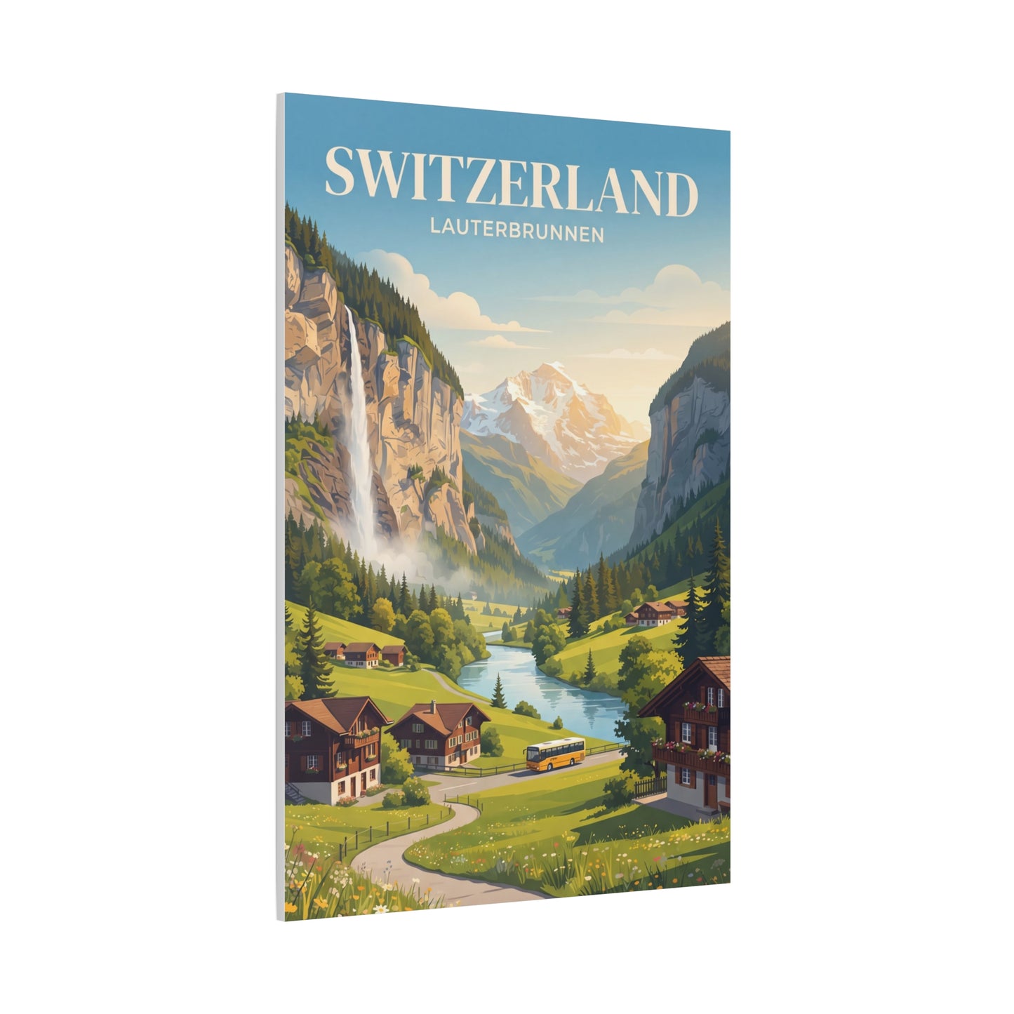 Canvas wall art of Swiss alpine landscape with waterfall cliffs, village houses, and river