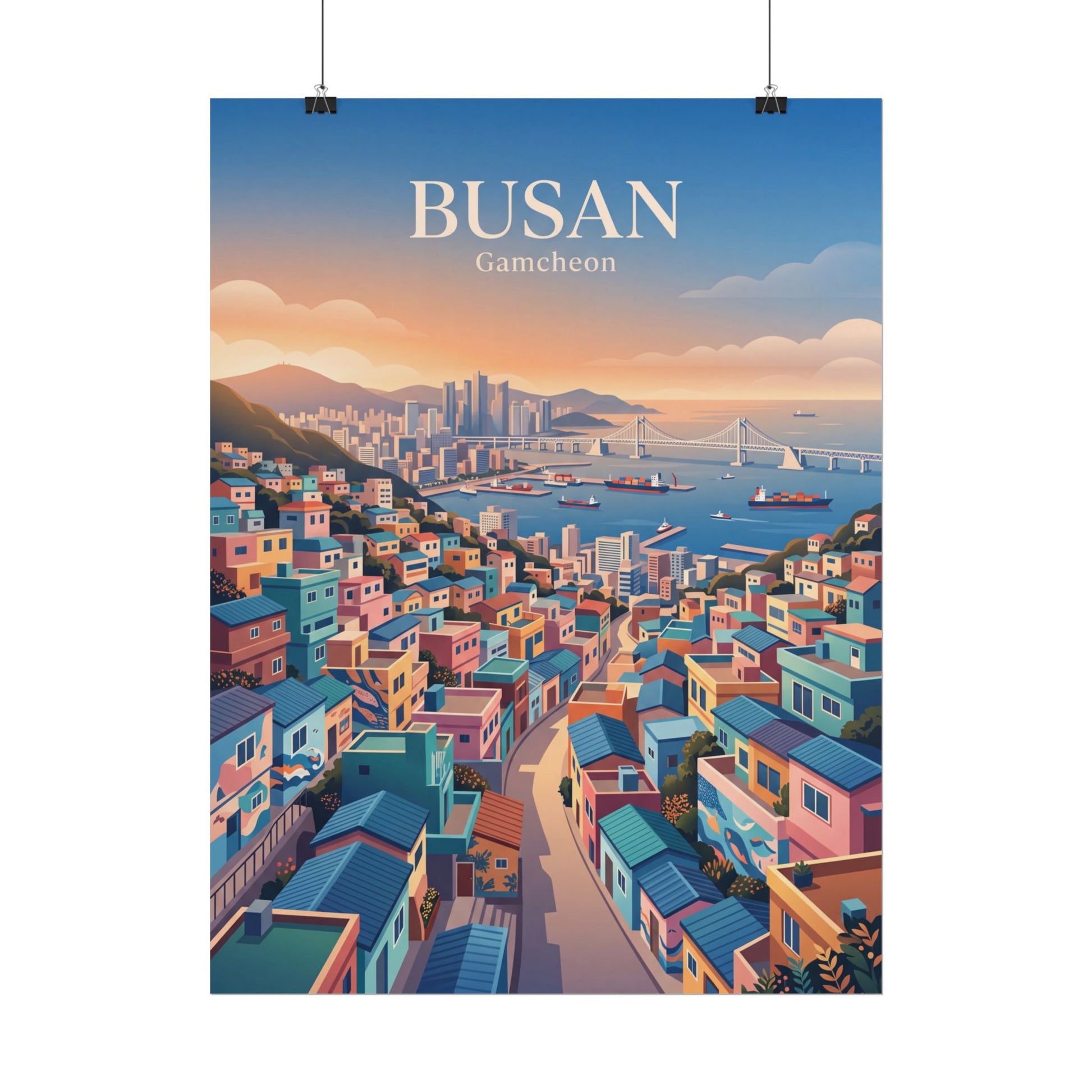 Rolled travel poster with Busan Gamecheon harbor skyline and dense colorful buildings