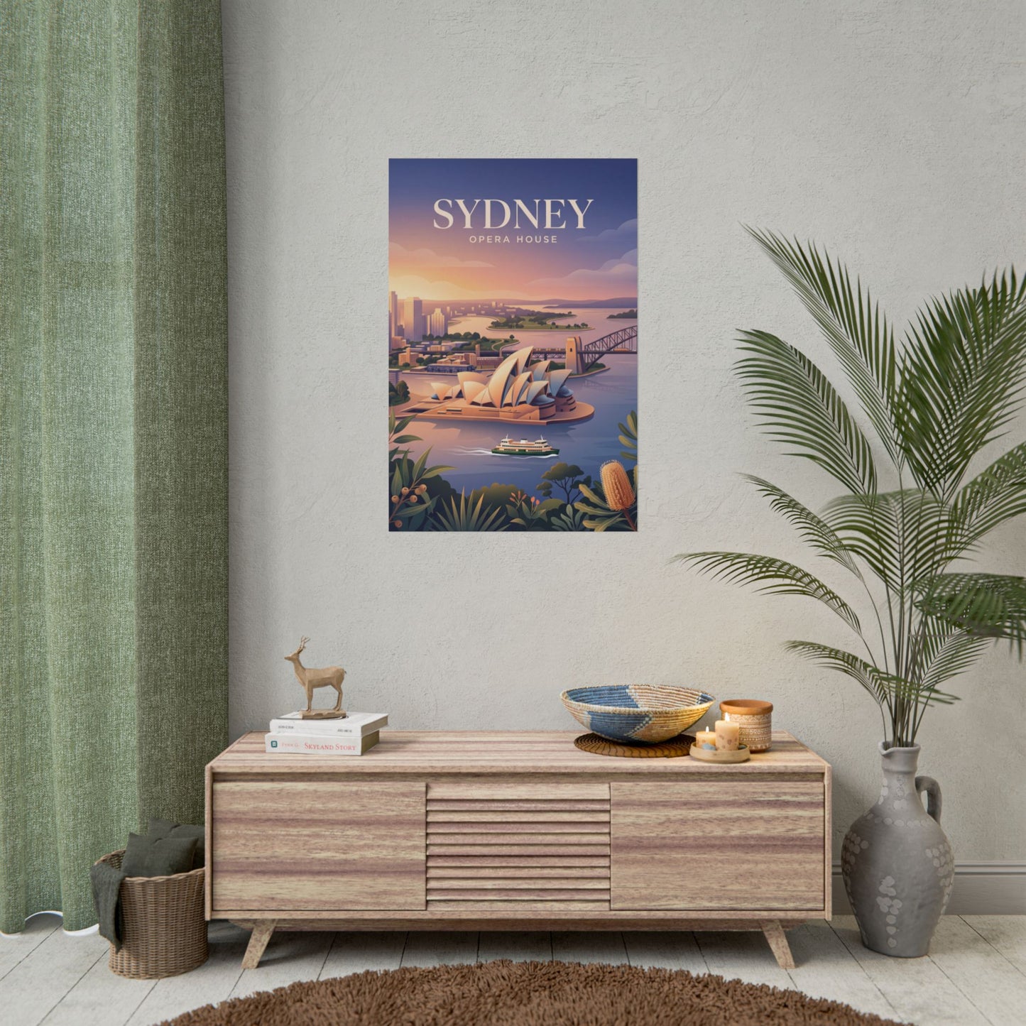 Sydney Opera House rolled poster displayed on wall above console, harbor scene with SYDNEY