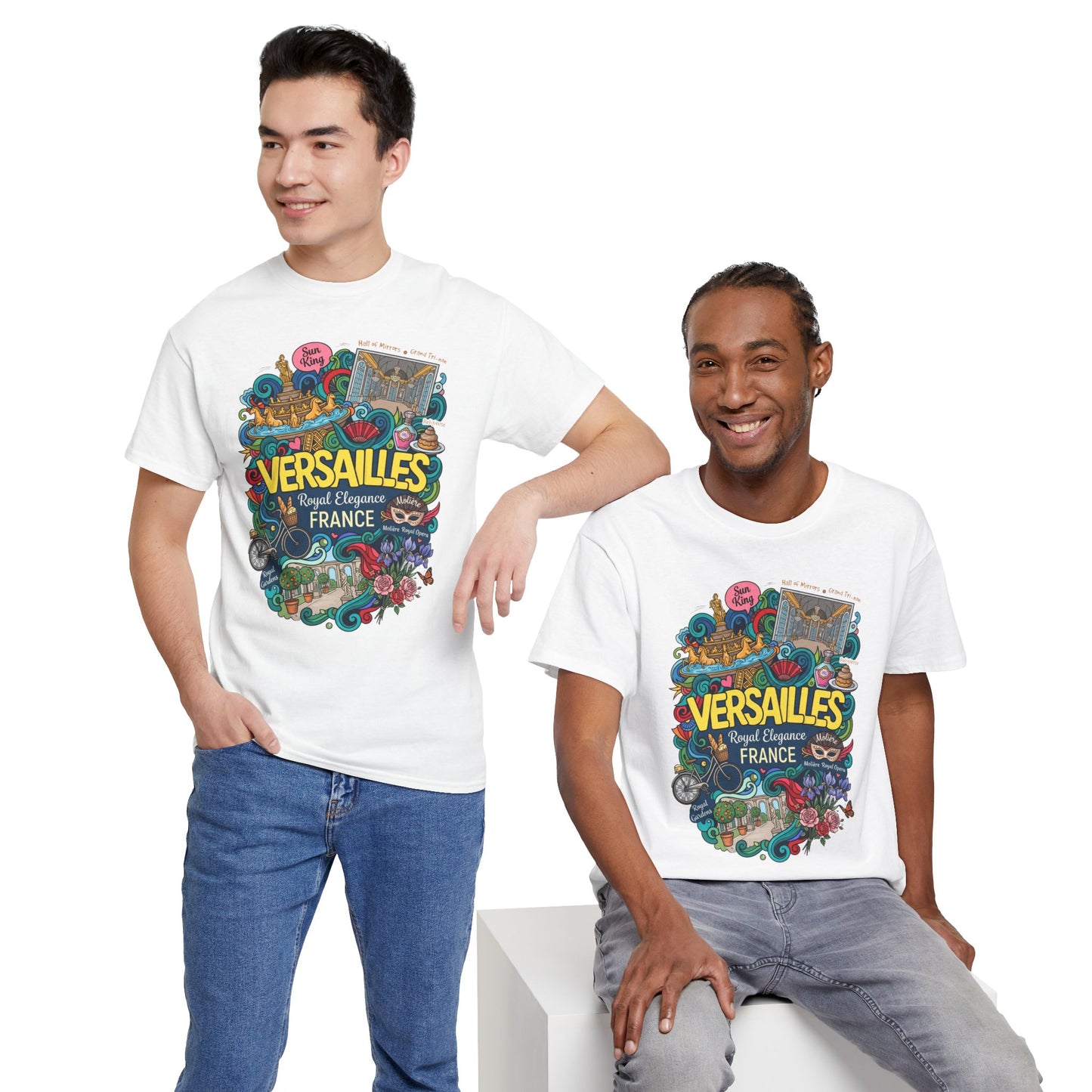 White crewneck T-shirt with Versailles-themed front illustration on two men.