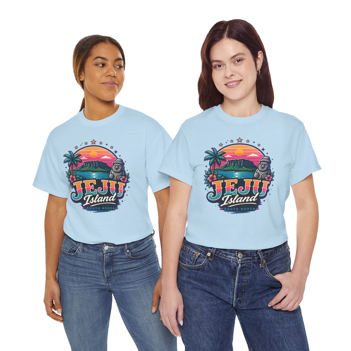 Light blue crew-neck t-shirt with colorful 'JEJU Island' front graphic
