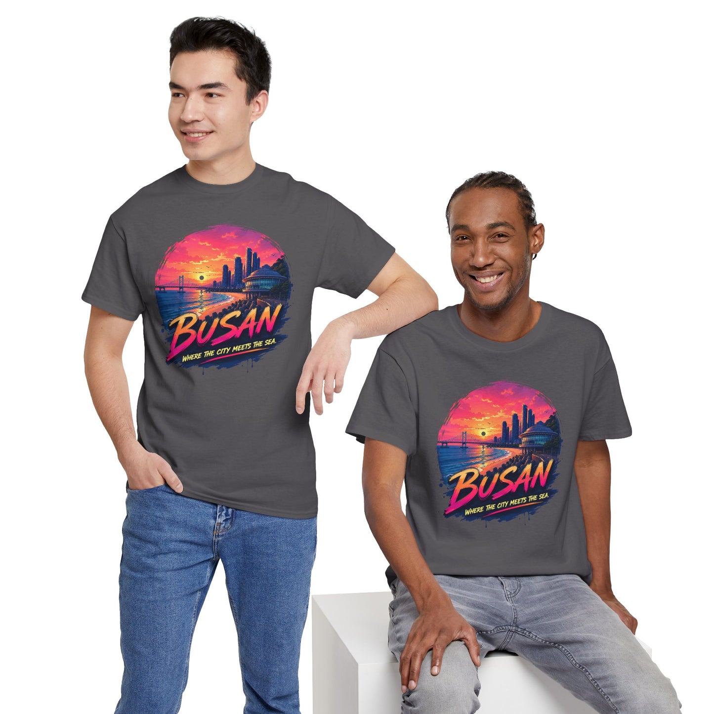 Dark gray crew-neck T-shirt with Busan sunset city print, worn by models