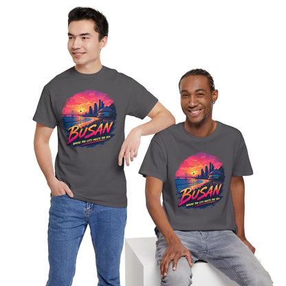 Dark gray crew-neck T-shirt with Busan sunset city print, worn by models