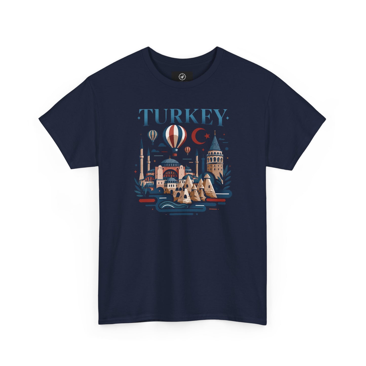 Navy T-shirt with Turkey skyline and hot air balloon graphic