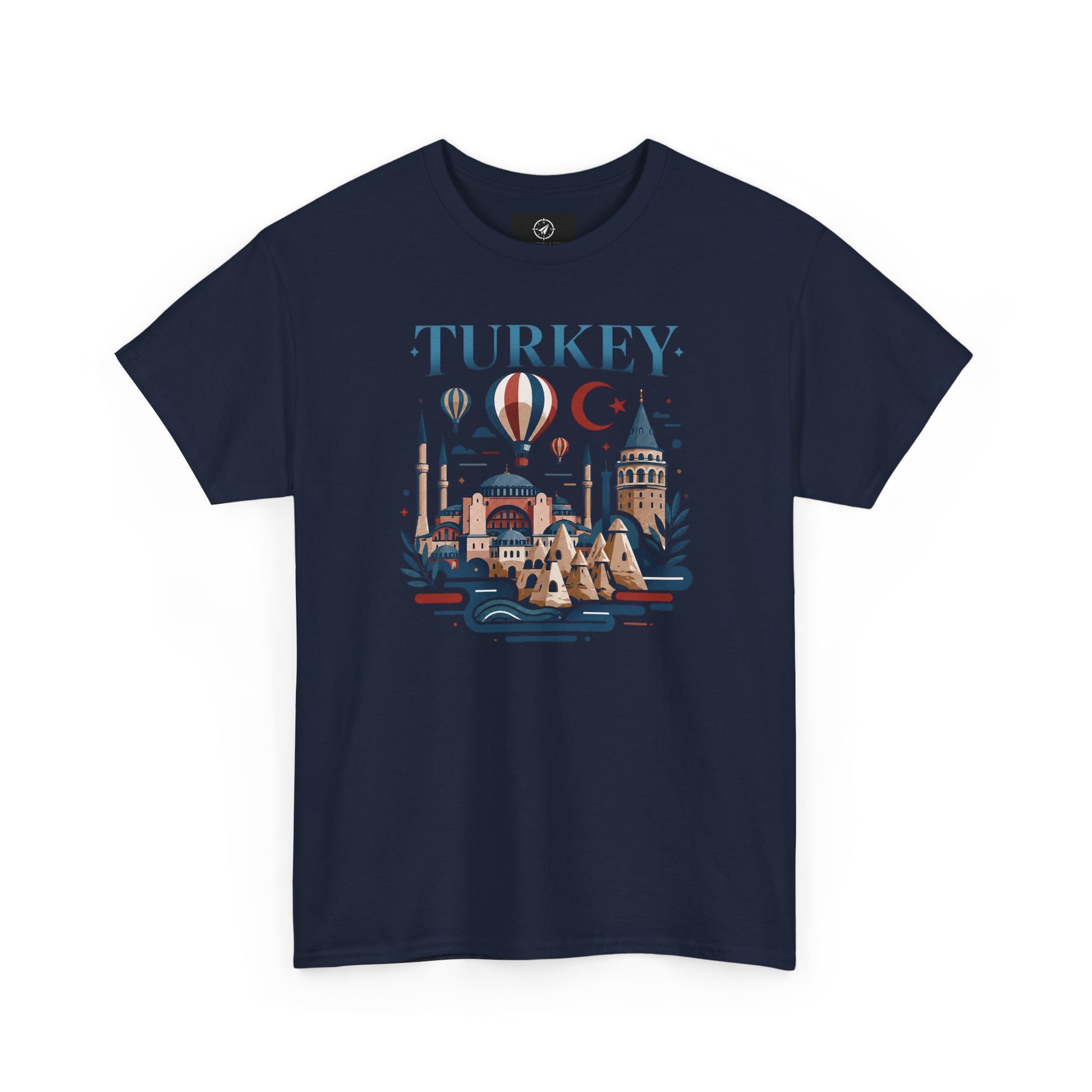Navy T-shirt with Turkey skyline and hot air balloon graphic