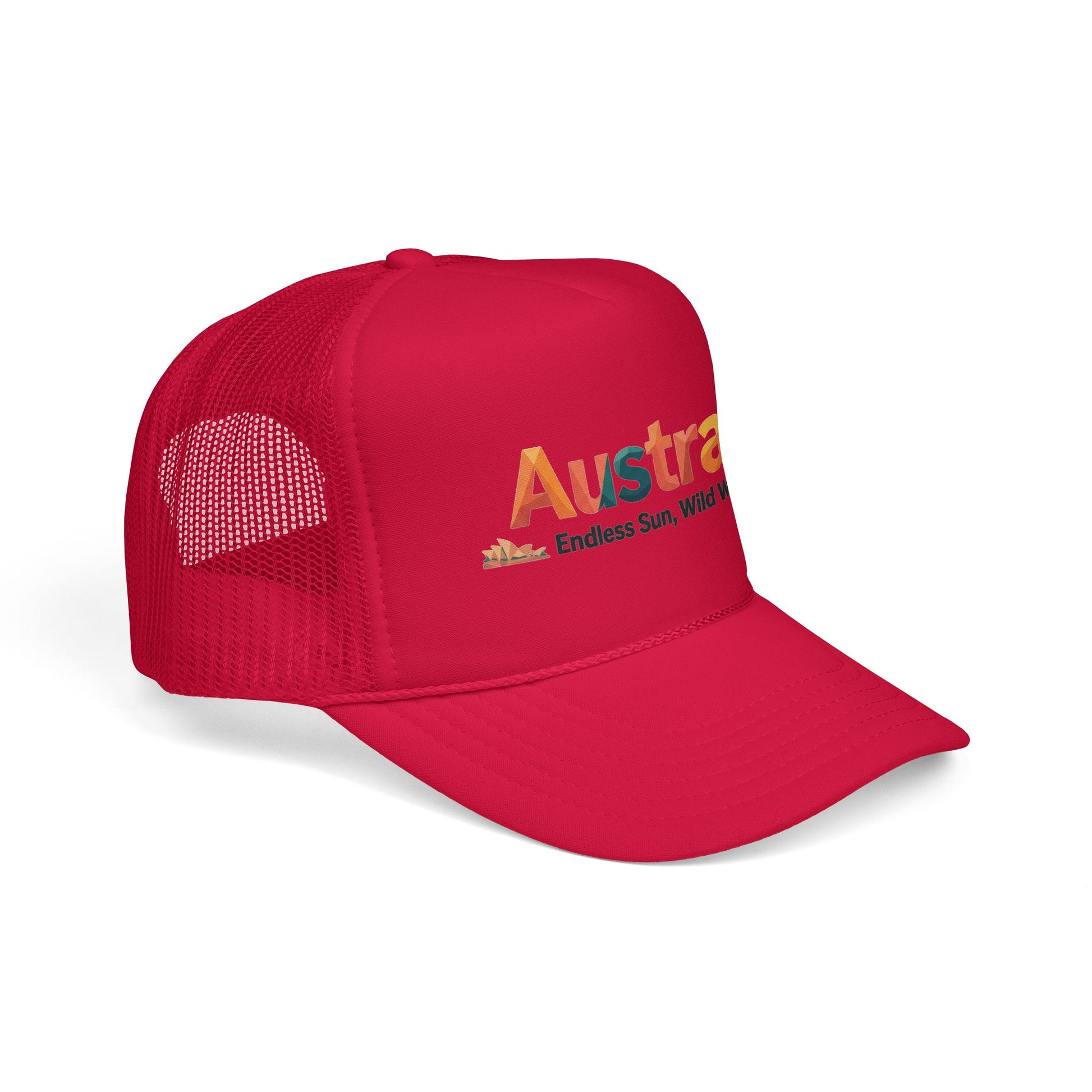Red trucker cap with orange Australia logo on front panel