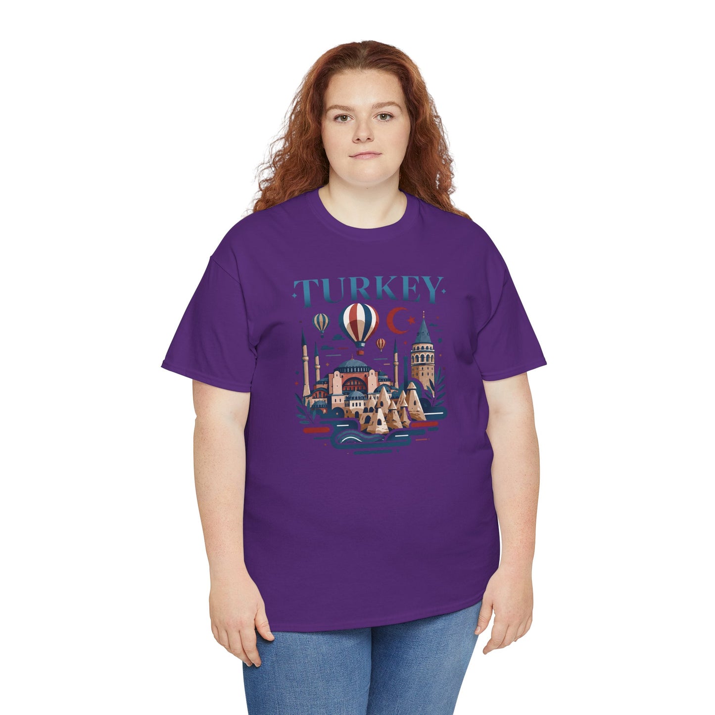 Purple T-shirt with “TURKEY” skyline and hot air balloon front graphic
