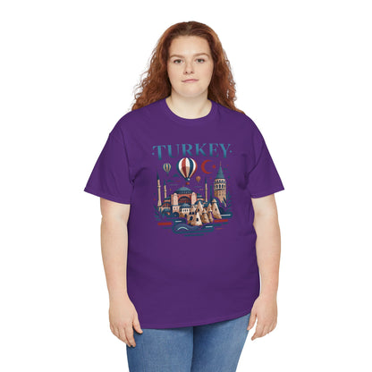 Purple T-shirt with “TURKEY” skyline and hot air balloon front graphic