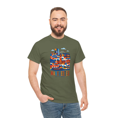 Olive green T-shirt with Manchester skyline graphic, worn by a man