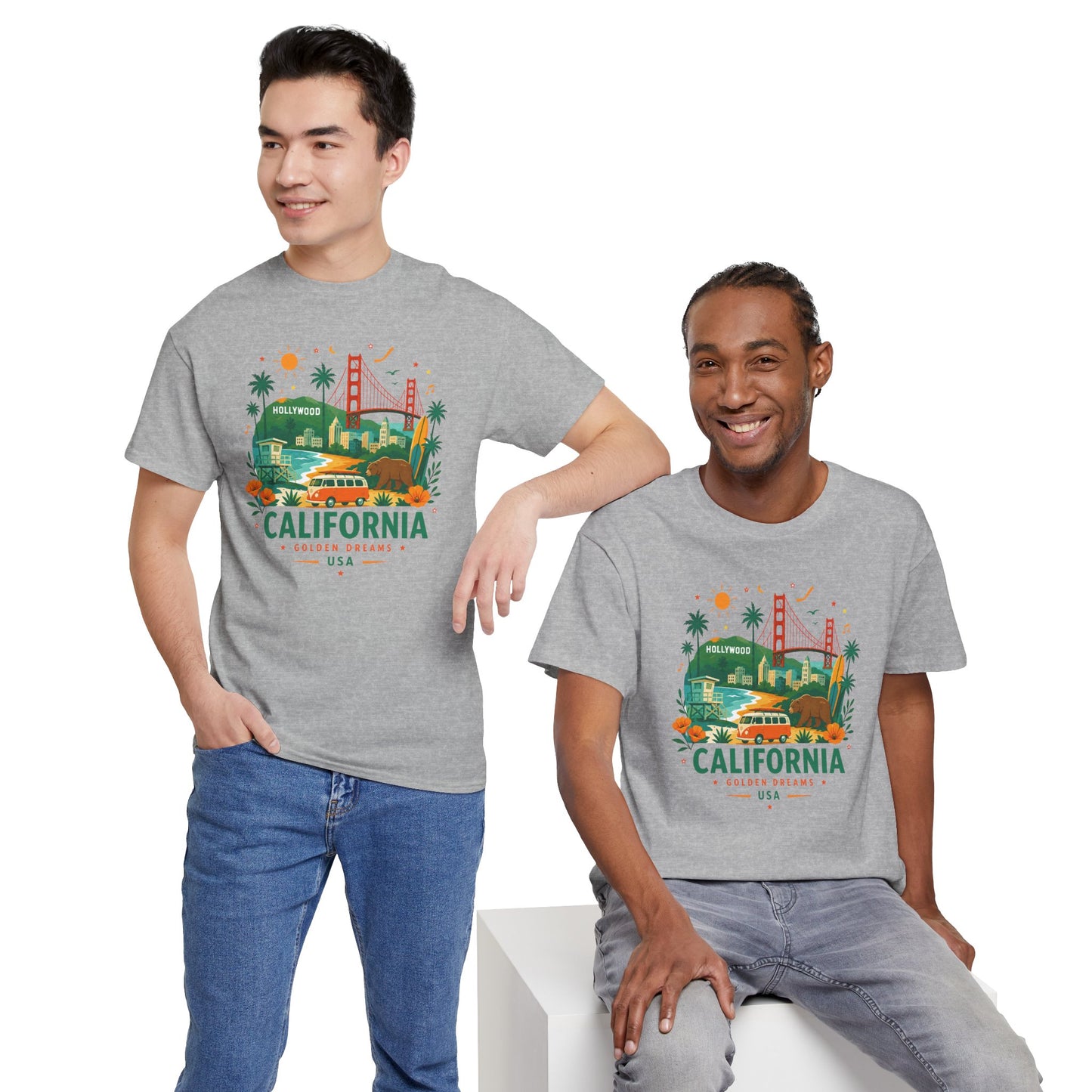 Heather gray T-shirt with multicolor California theme graphic and crew neck