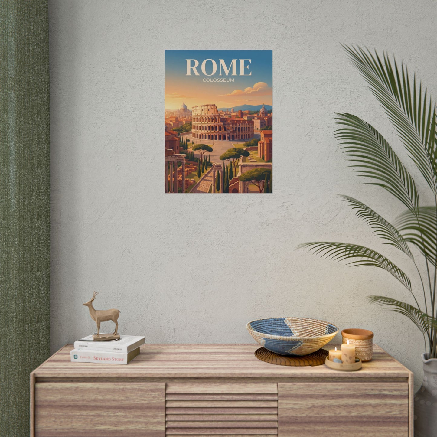 Rome Colosseum paper poster on wall with warm sunset scene and trees in foreground