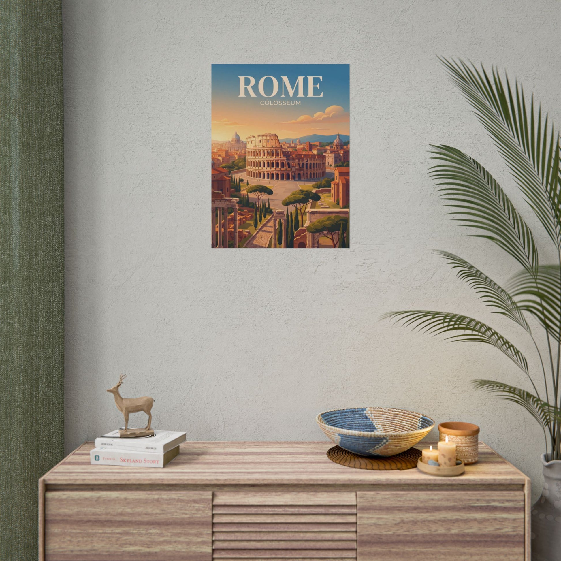 Rome Colosseum paper poster on wall with warm sunset scene and trees in foreground