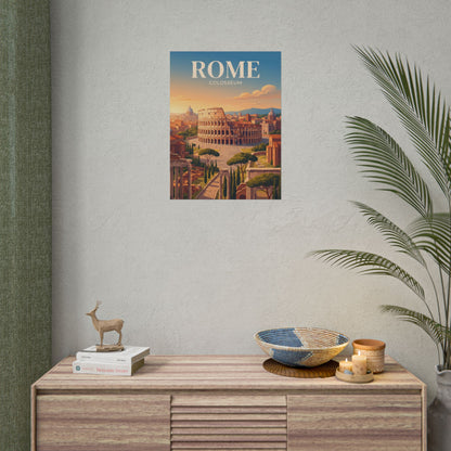 Rome Colosseum paper poster on wall with warm sunset scene and trees in foreground