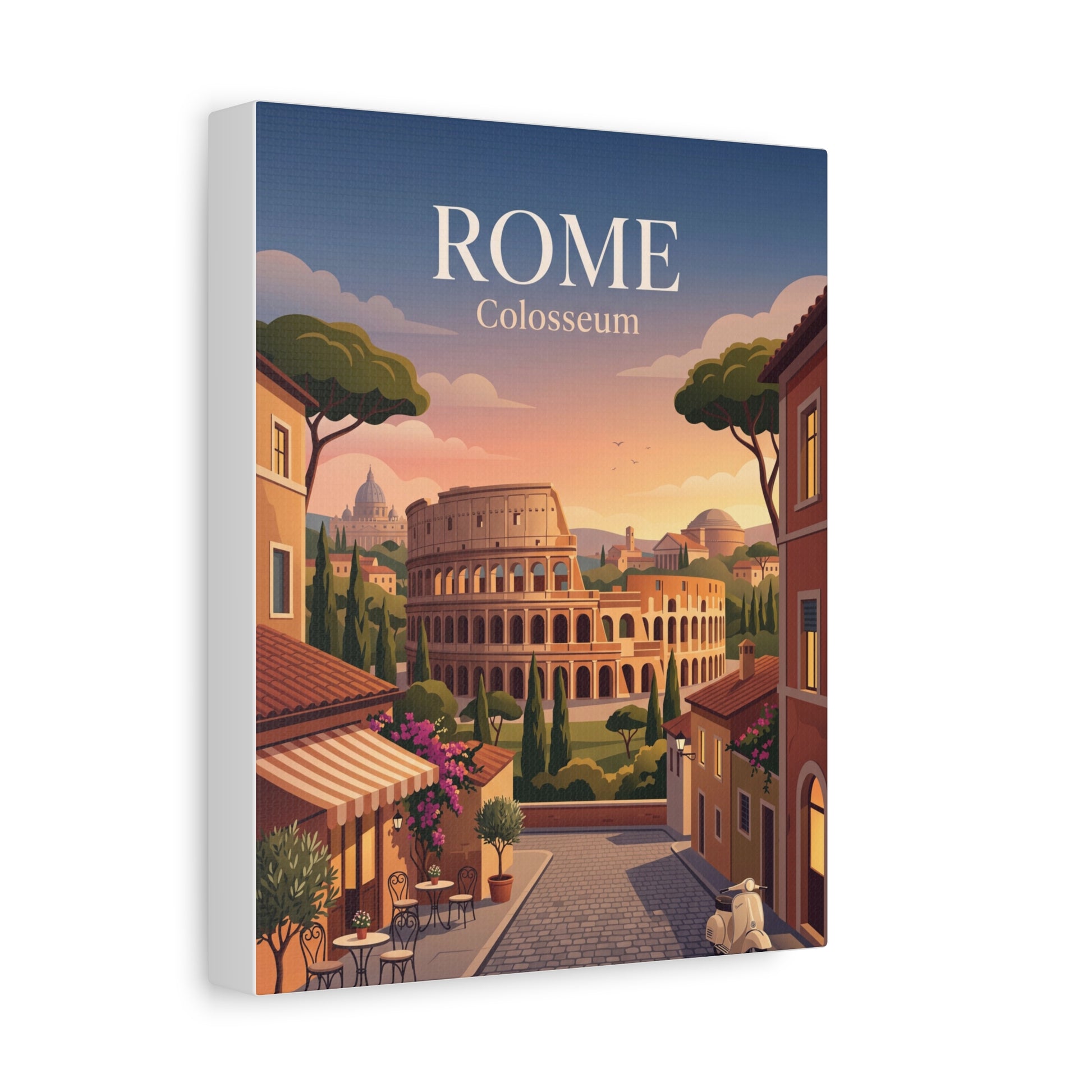 Matte canvas print of Rome Colosseum artwork, shown with visible wrapped edges