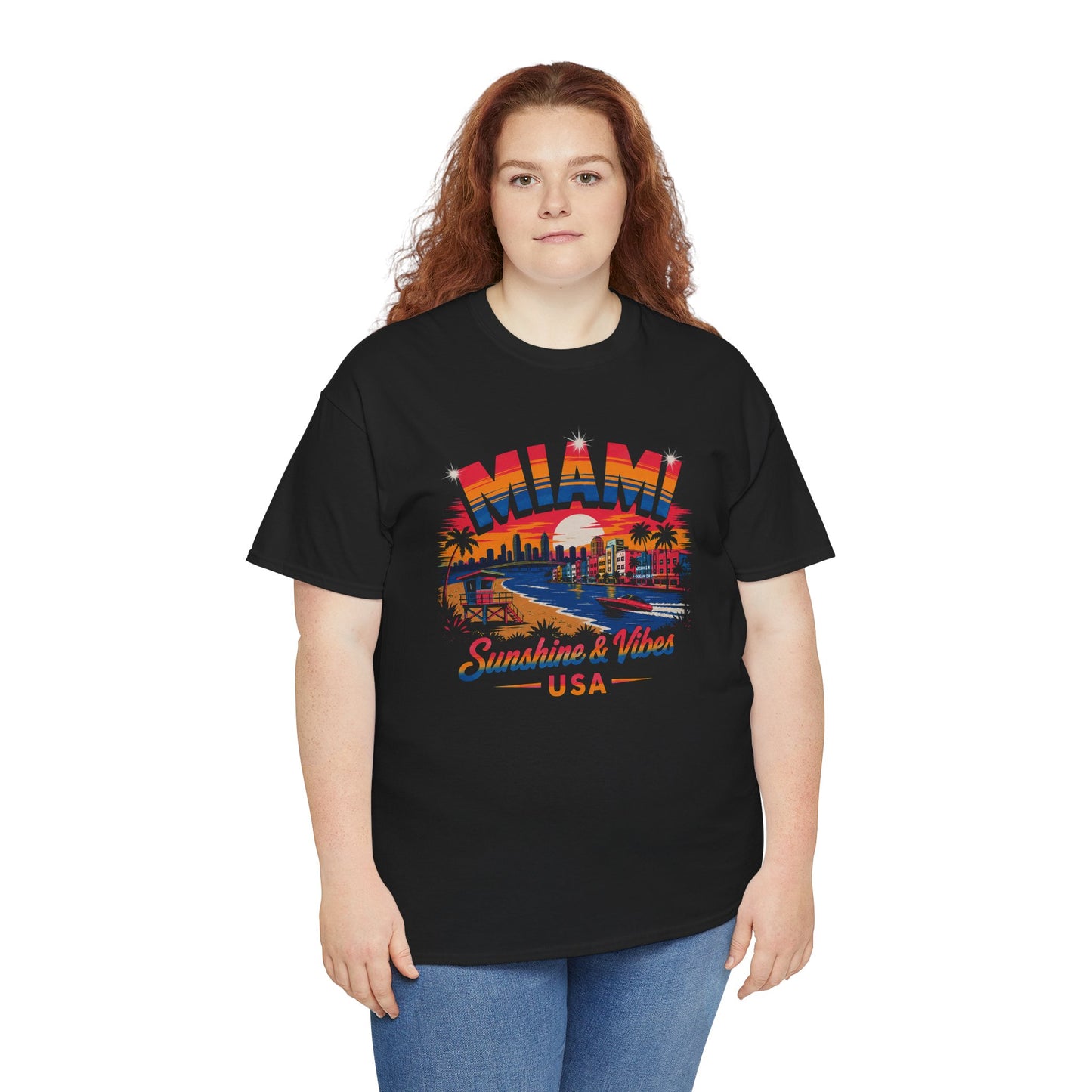 Black crewneck T-shirt with large Miami street graphic and “Sunshine & Vibes USA” text