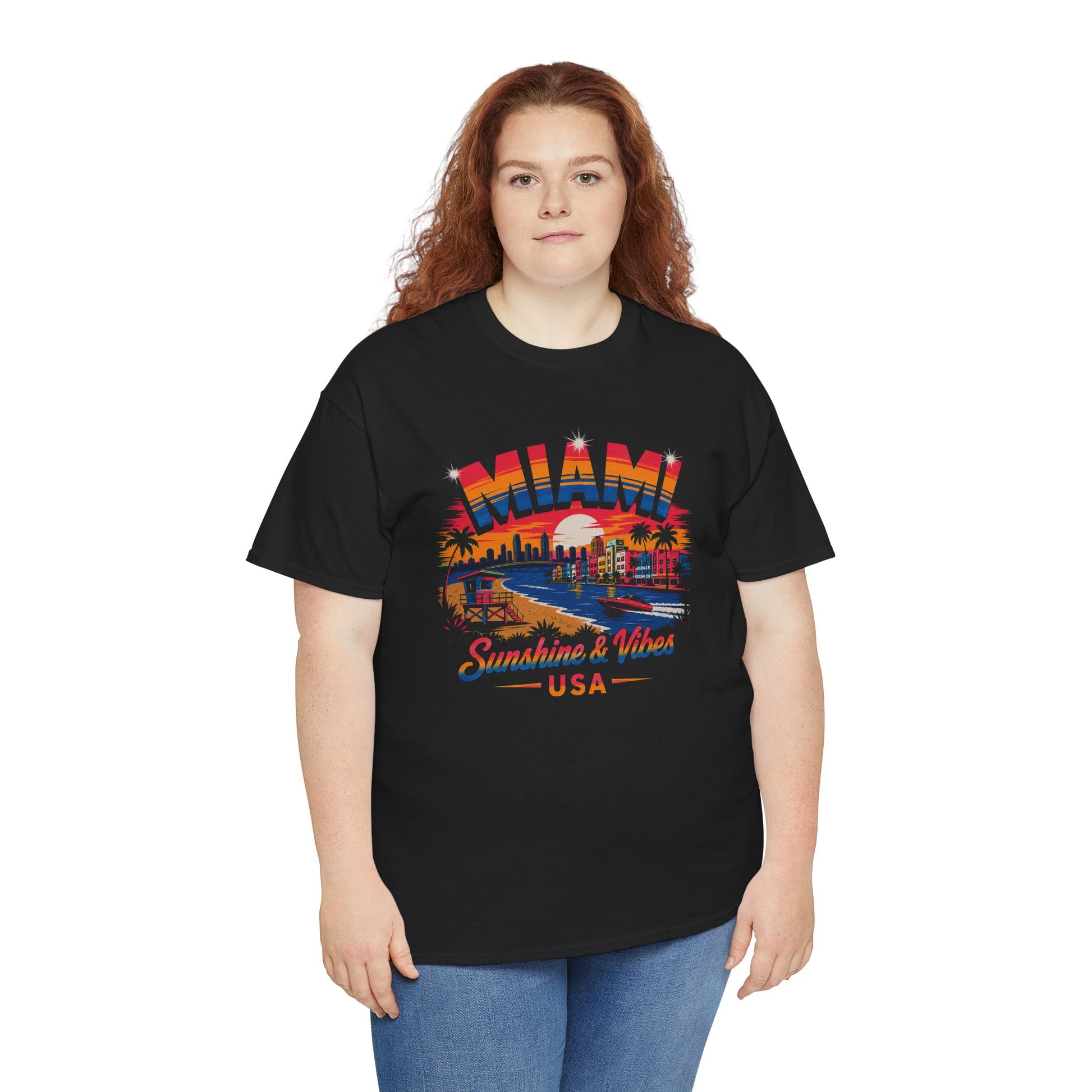 Black crewneck T-shirt with large Miami street graphic and “Sunshine & Vibes USA” text
