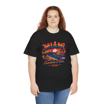 Black crewneck T-shirt with large Miami street graphic and “Sunshine & Vibes USA” text