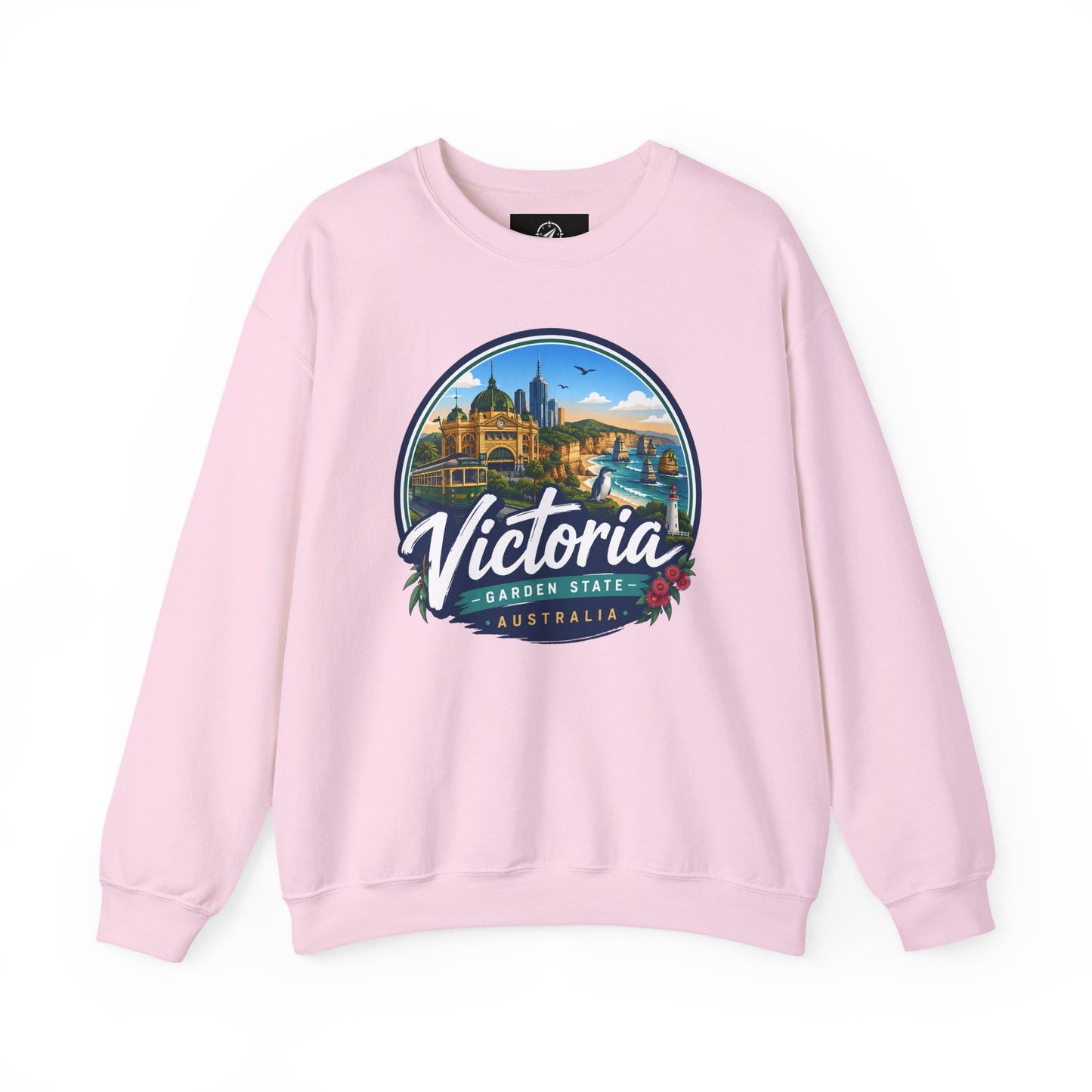 Light pink crewneck sweatshirt with circular Victoria Australia graphic on the chest