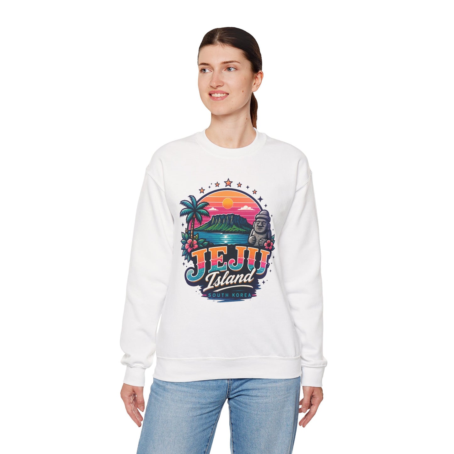 White graphic sweatshirt with colorful TEJU Island South Korea front print