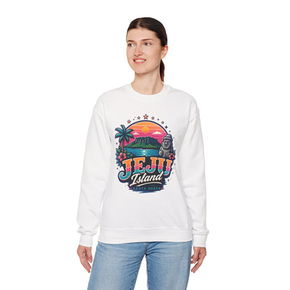White graphic sweatshirt with colorful TEJU Island South Korea front print