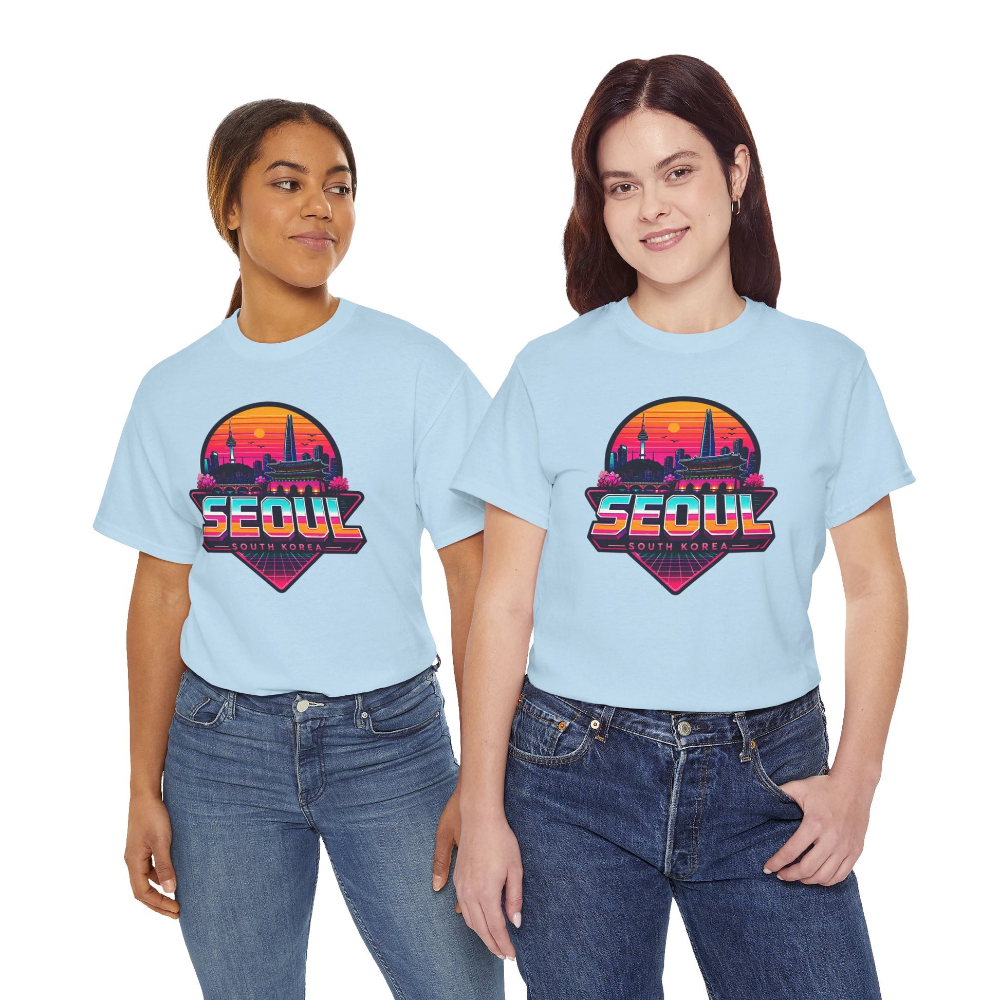 Light blue T-shirt with centered Seoul sunset city heart graphic