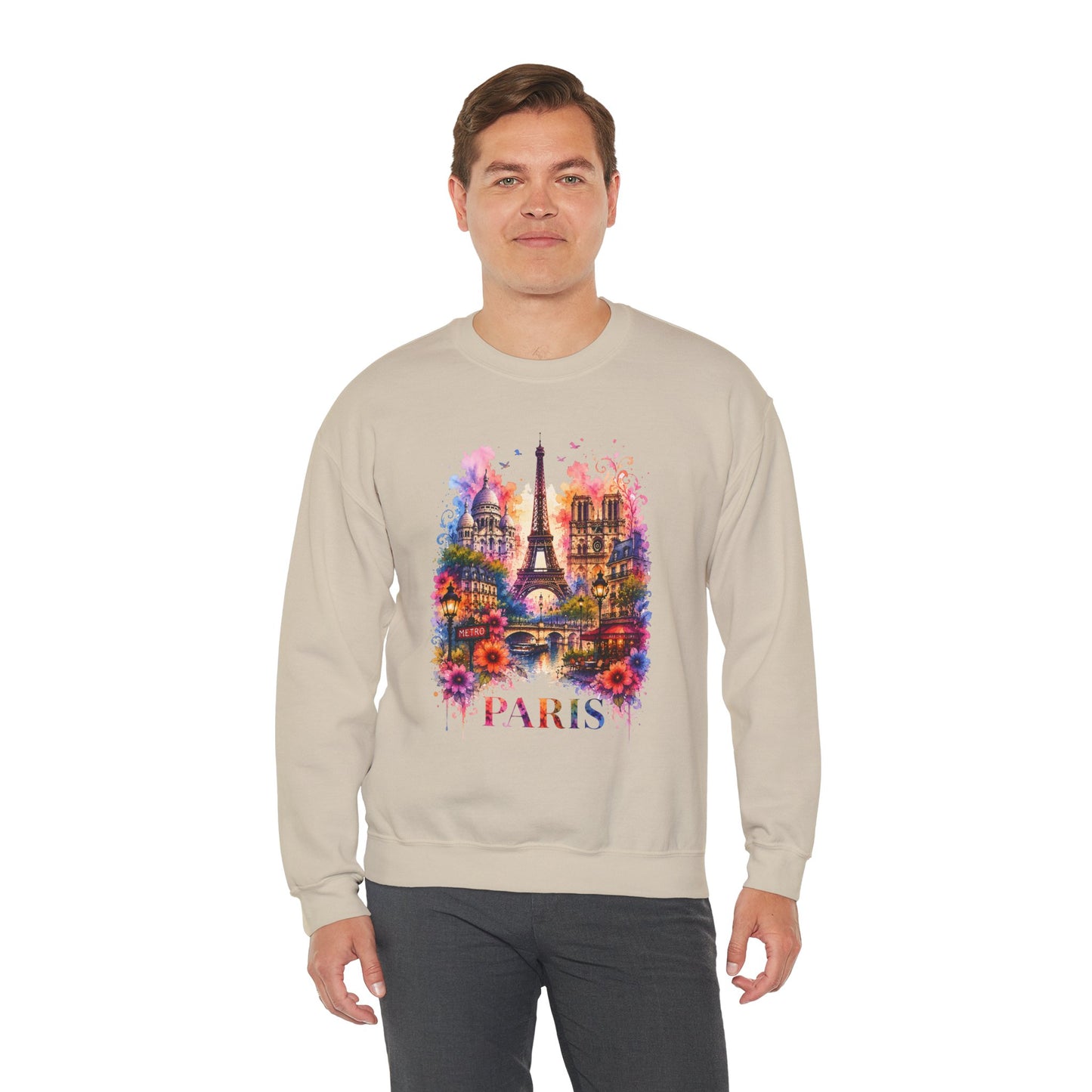 Sand crewneck sweatshirt with watercolor Eiffel Tower and floral graphic, PARIS text