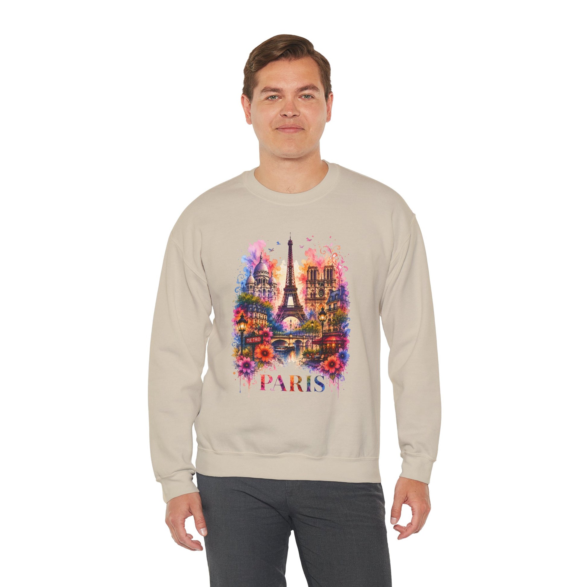Sand crewneck sweatshirt with watercolor Eiffel Tower and floral graphic, PARIS text