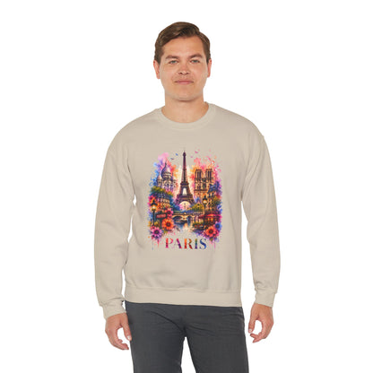 Sand crewneck sweatshirt with watercolor Eiffel Tower and floral graphic, PARIS text