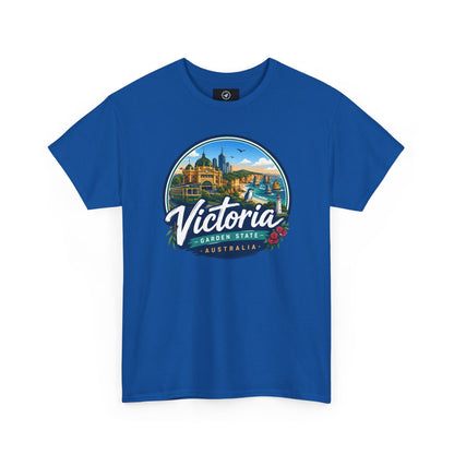 Royal blue crew-neck travel t-shirt with circular Victoria landmark graphic print