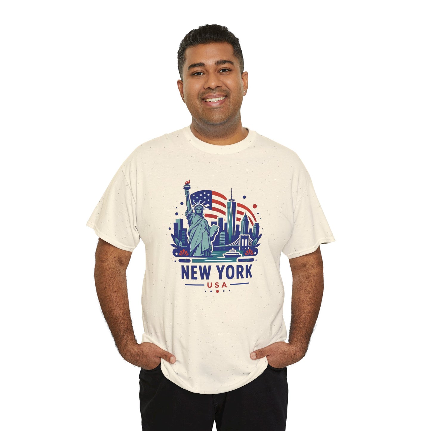 Natural crew-neck graphic T-shirt with Statue of Liberty and “NEW YORK” front