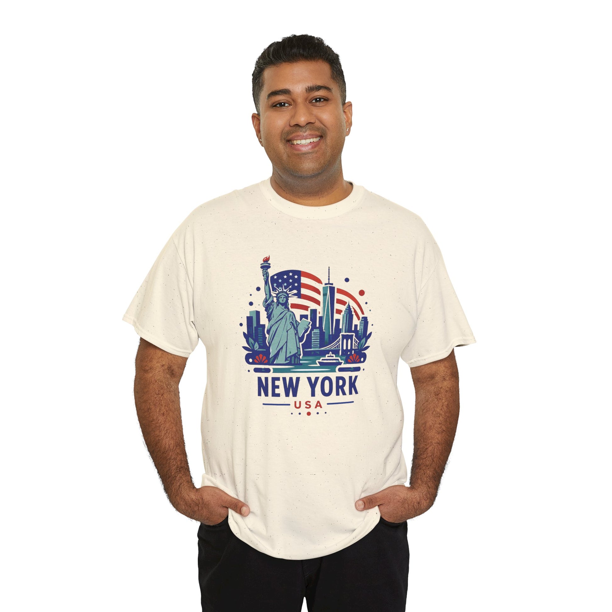 Natural crew-neck graphic T-shirt with Statue of Liberty and “NEW YORK” front