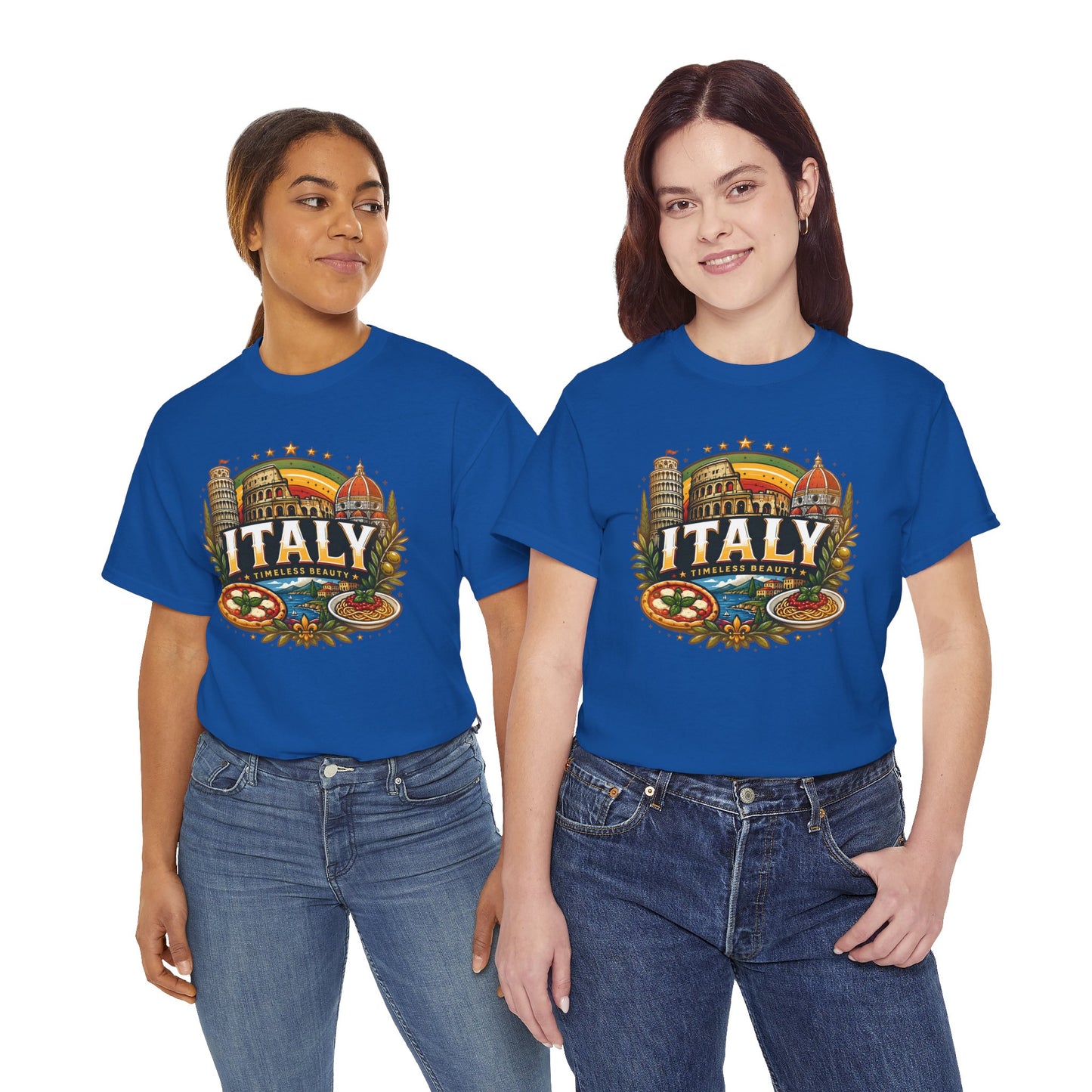 Royal blue vintage travel T-shirt with large “ITALY” crest graphic on chest