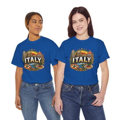 Royal blue vintage travel T-shirt with large “ITALY” crest graphic on chest