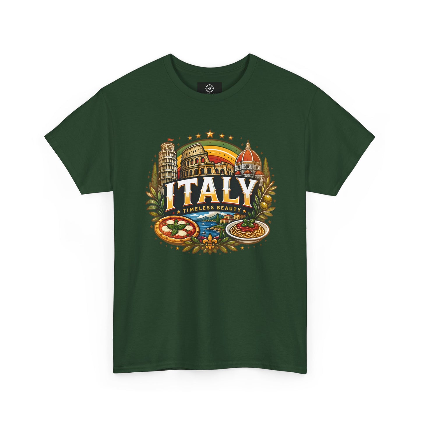 Forest green short-sleeve crewneck T-shirt with vintage Italy city graphic on front