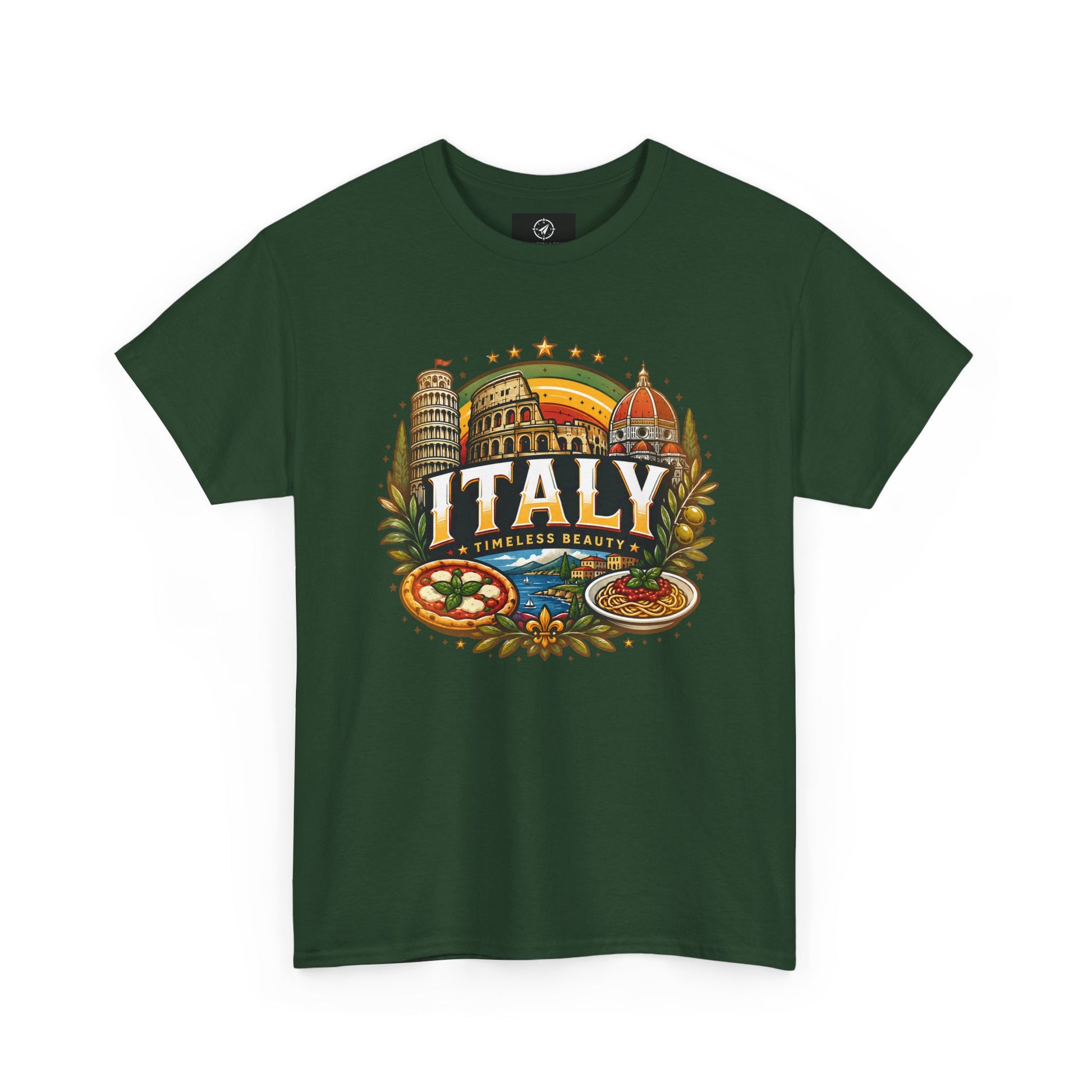 Forest green short-sleeve crewneck T-shirt with vintage Italy city graphic on front