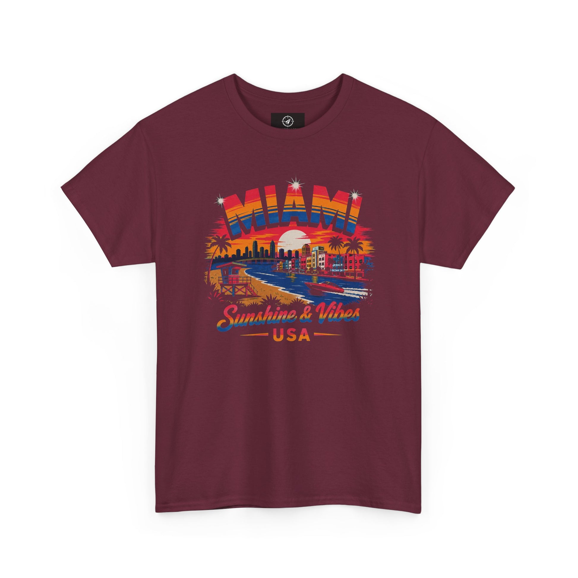 Maroon Miami graphic T-shirt with colorful city “Sunshine & Vibes” USA front print