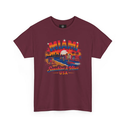 Maroon Miami graphic T-shirt with colorful city “Sunshine & Vibes” USA front print